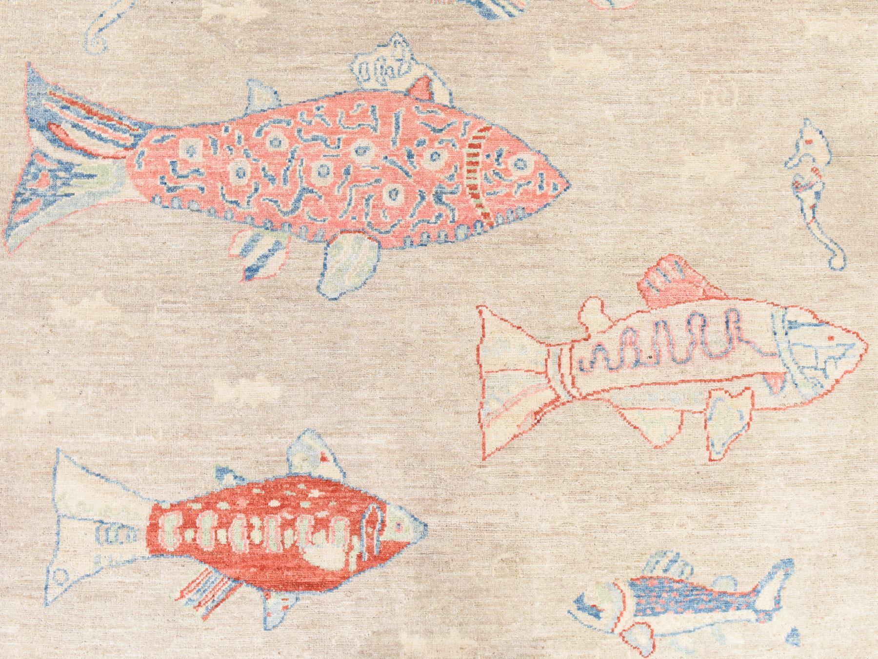 4'x6' Oyster White, Afghan Peshawar with Oceanic Fish Design, Soft and Velvety Wool, Hand Knotted, Oriental Rug HR78677 - Image 4