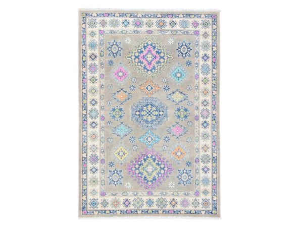 3'10"x5'9" Sand Brown, Fusion Kazak with Geometric Motifs, Pure Wool, Hand Knotted, Oriental Rug HR78680