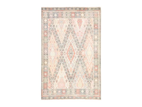 6'1"x9'2" Ivory-Gray, Anatolian Village Inspired Geometric Design, Hand Knotted, Pure Wool, Vegetable Dyes, Oriental Rug HR78686