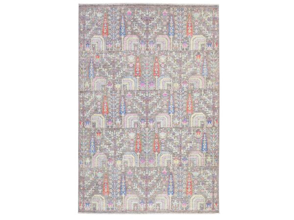 6'x8'10" Dune Brown with Pop of Color, Willow and Cypress Tree Design, Hand Knotted, 100% Wool, Oriental Rug HR78688