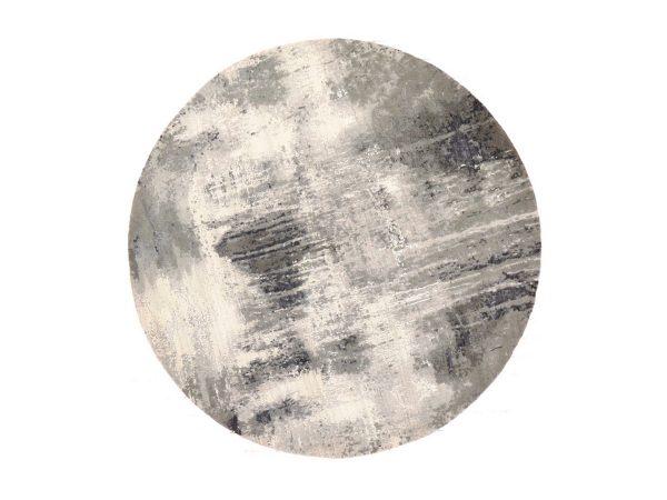 6'2"x6'2" Black with Touches of Ivory, Abstract Design, Hand Knotted, Wool and Silk, Round, Oriental Rug HR78691