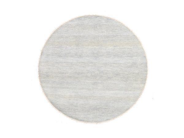 6'x6' Pastel Gray, Wool and Silk, Grass Design, Modern, Tone on Tone, Hand Knotted, Round, Oriental Rug HR78696