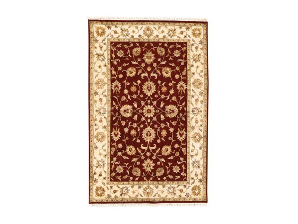 4'x6' Wine Red, Thick and Plush, Rajasthan with All Over Leaf Design, Hand Knotted, Wool and Silk, Soft Pile, Oriental Rug HR78697