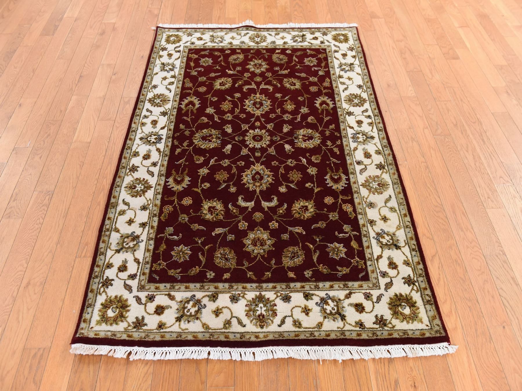4'x6' Wine Red, Thick and Plush, Rajasthan with All Over Leaf Design, Hand Knotted, Wool and Silk, Soft Pile, Oriental Rug HR78697 - Image 2