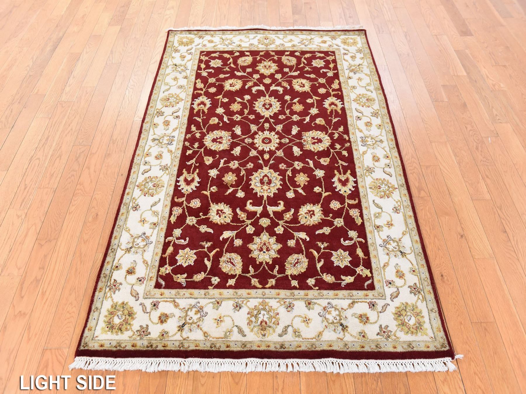 4'x6' Wine Red, Thick and Plush, Rajasthan with All Over Leaf Design, Hand Knotted, Wool and Silk, Soft Pile, Oriental Rug HR78697 - Image 3