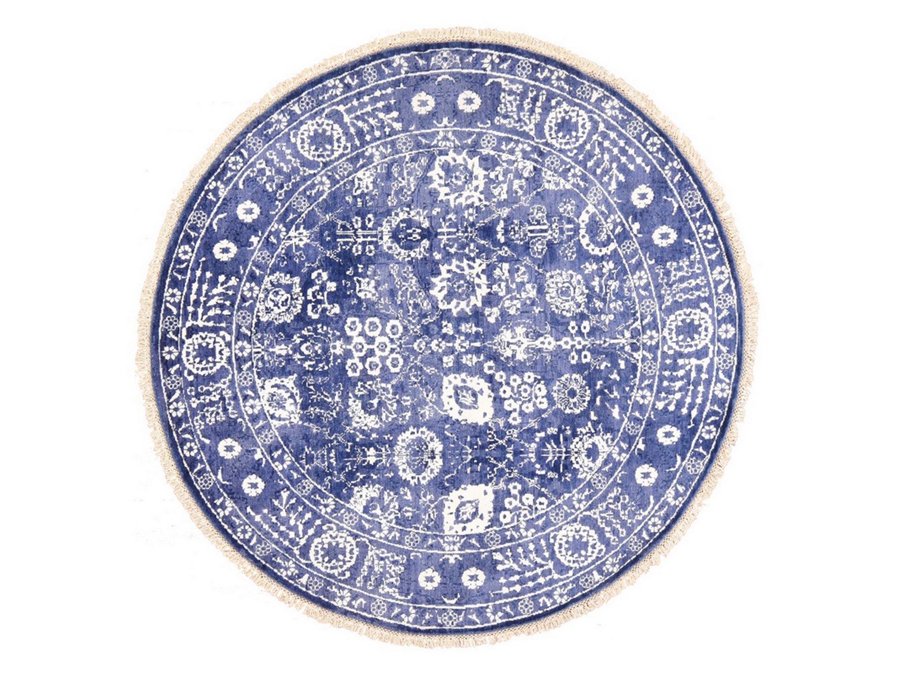 6'2"x6'2" Berry Blue, Tone On Tone, Tabriz with All Over Leaf Motifs, Wool and Silk, Hand Knotted, Round, Oriental Rug HR78702