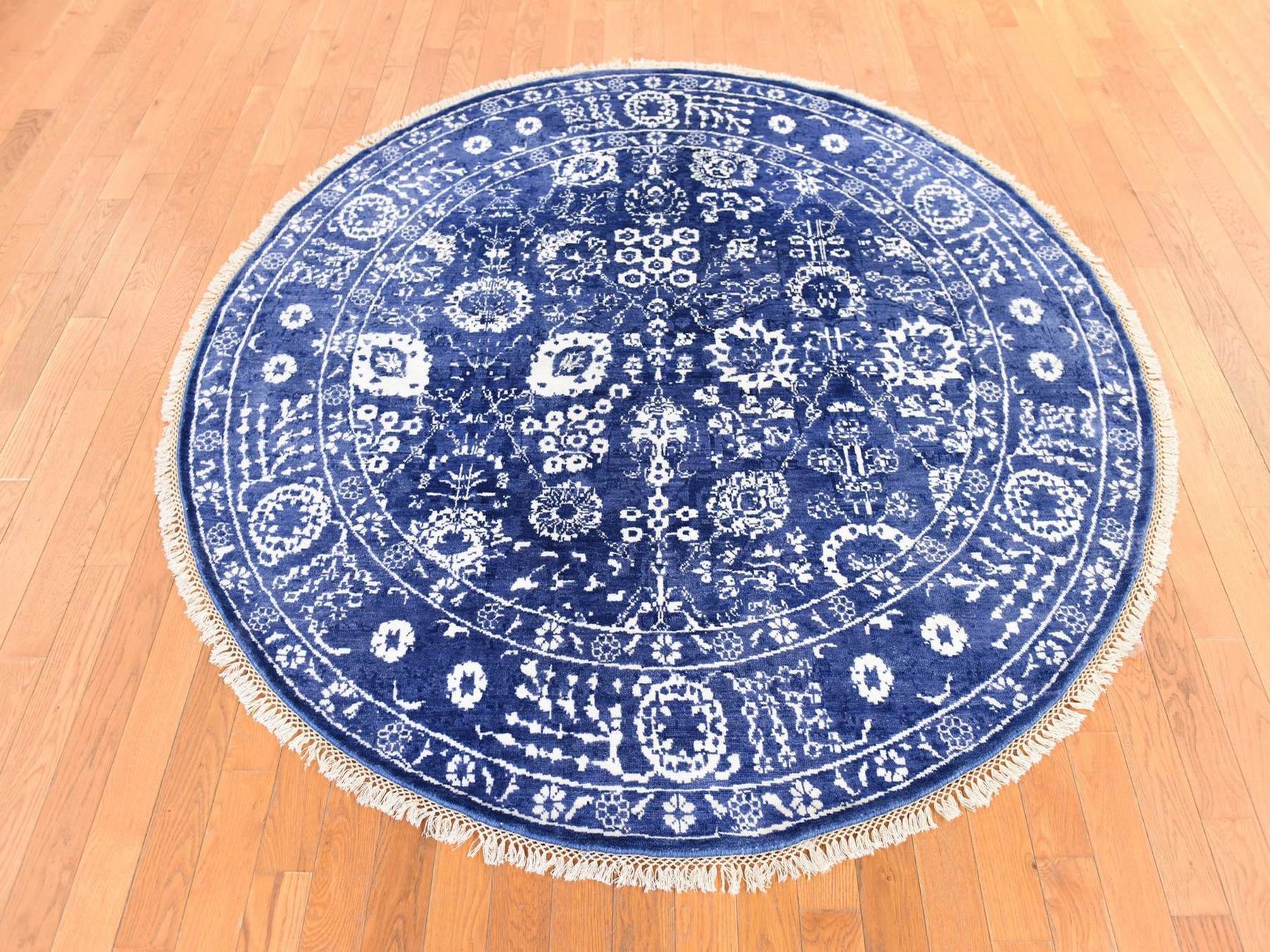 6'2"x6'2" Berry Blue, Tone On Tone, Tabriz with All Over Leaf Motifs, Wool and Silk, Hand Knotted, Round, Oriental Rug HR78702 - Image 2