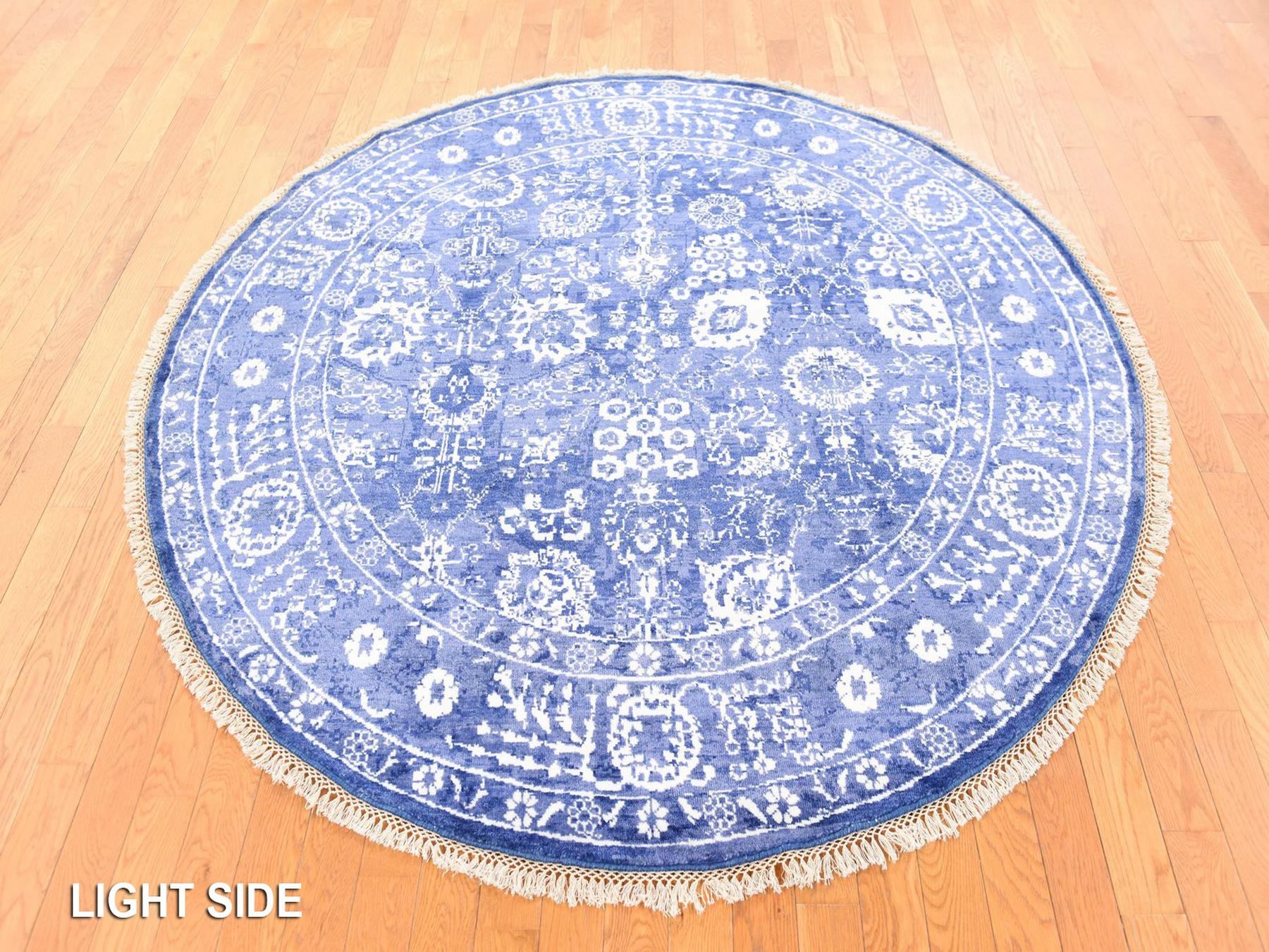 6'2"x6'2" Berry Blue, Tone On Tone, Tabriz with All Over Leaf Motifs, Wool and Silk, Hand Knotted, Round, Oriental Rug HR78702 - Image 3