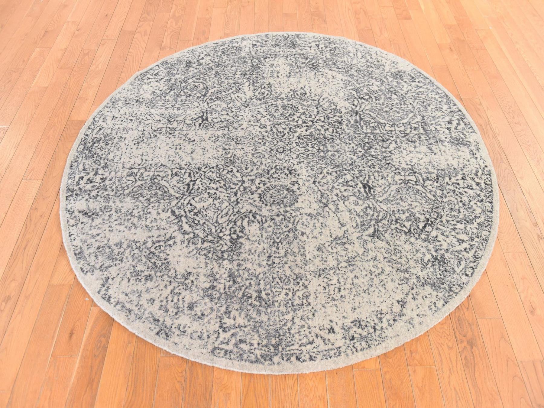 6'x6' Beige-Gray, Erased Design, Fine Jacquard, Hand Loomed, Wool and Silk, Round, Oriental Rug HR78704 - Image 2