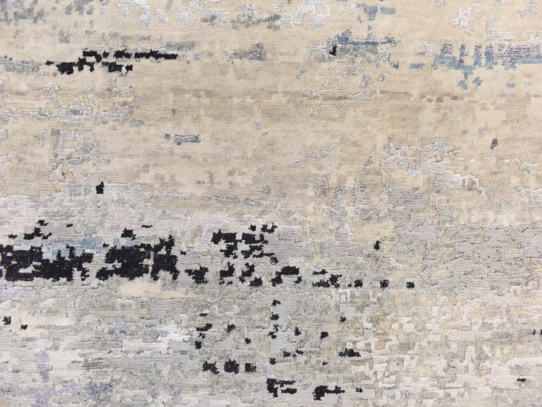 6'x6' Beige-Gray, Abstract Design, Hand Knotted, Wool & Silk, Hi-Low Pile, Round, Oriental Rug HR78705 - Image 4