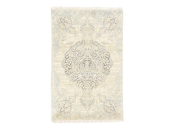4'x6'3" Beige, Tree of Life Meditation Design, Pure Silk, Hand Knotted, Oriental Rug HR78710