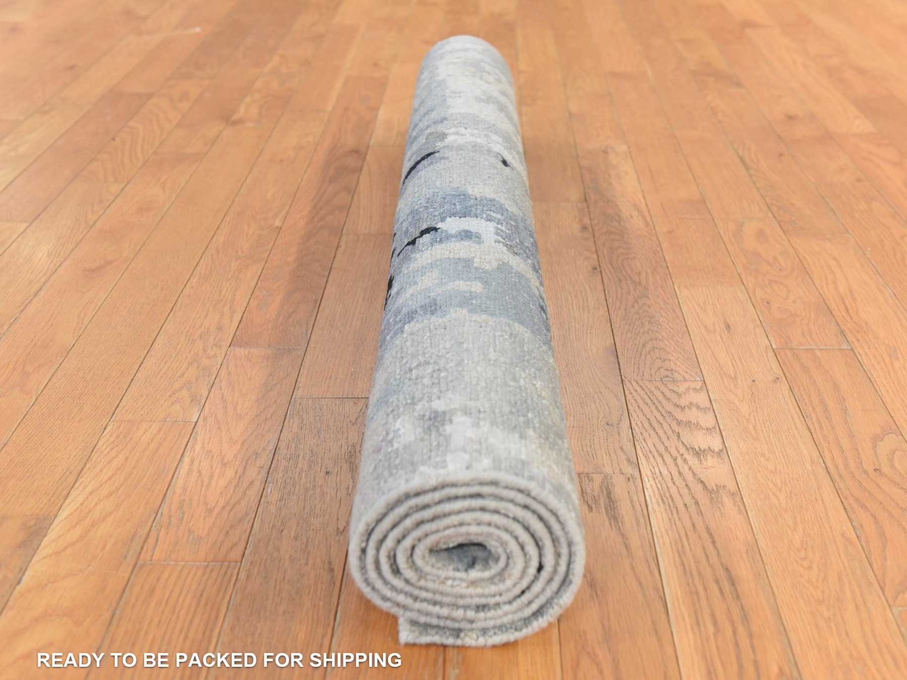 4'x6' Beige-Gray, Modern Abstract Design, Wool and Silk, Hand Knotted, Hi-Low Pile, Oriental Rug HR78711 - Image 8