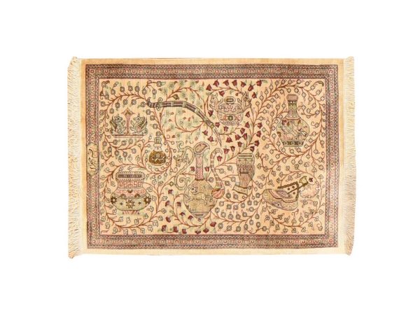 1'10"x2'6" Light Brown, Pure Silk, Vintage Turkish Hereke with Grale Design, Animal Figurines, 500 KPSI, Excellent Condition, Hand Knotted, Mat, Oriental Rug HR78714