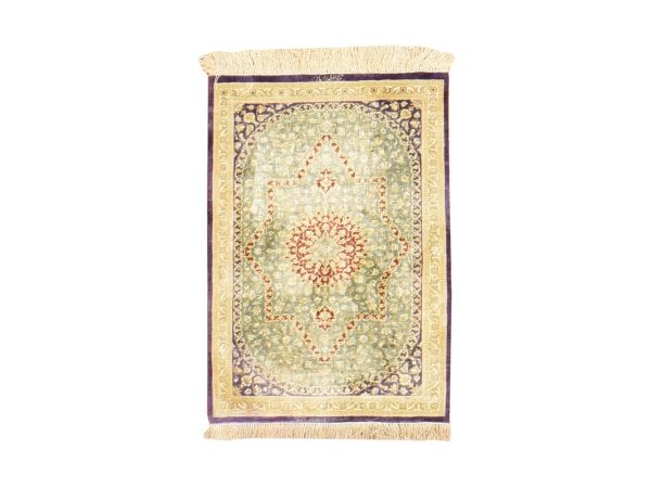 1'7"x2'4" Pistachio Green, Pure Silk, Vintage Persian Ghom with Star Design, 600 KPSI, Signed, Hand Knotted, Mat, Oriental Rug HR78715