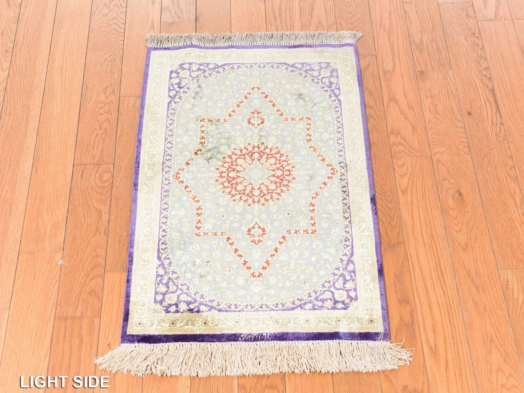 1'7"x2'4" Pistachio Green, Pure Silk, Vintage Persian Ghom with Star Design, 600 KPSI, Signed, Hand Knotted, Mat, Oriental Rug HR78715 - Image 3