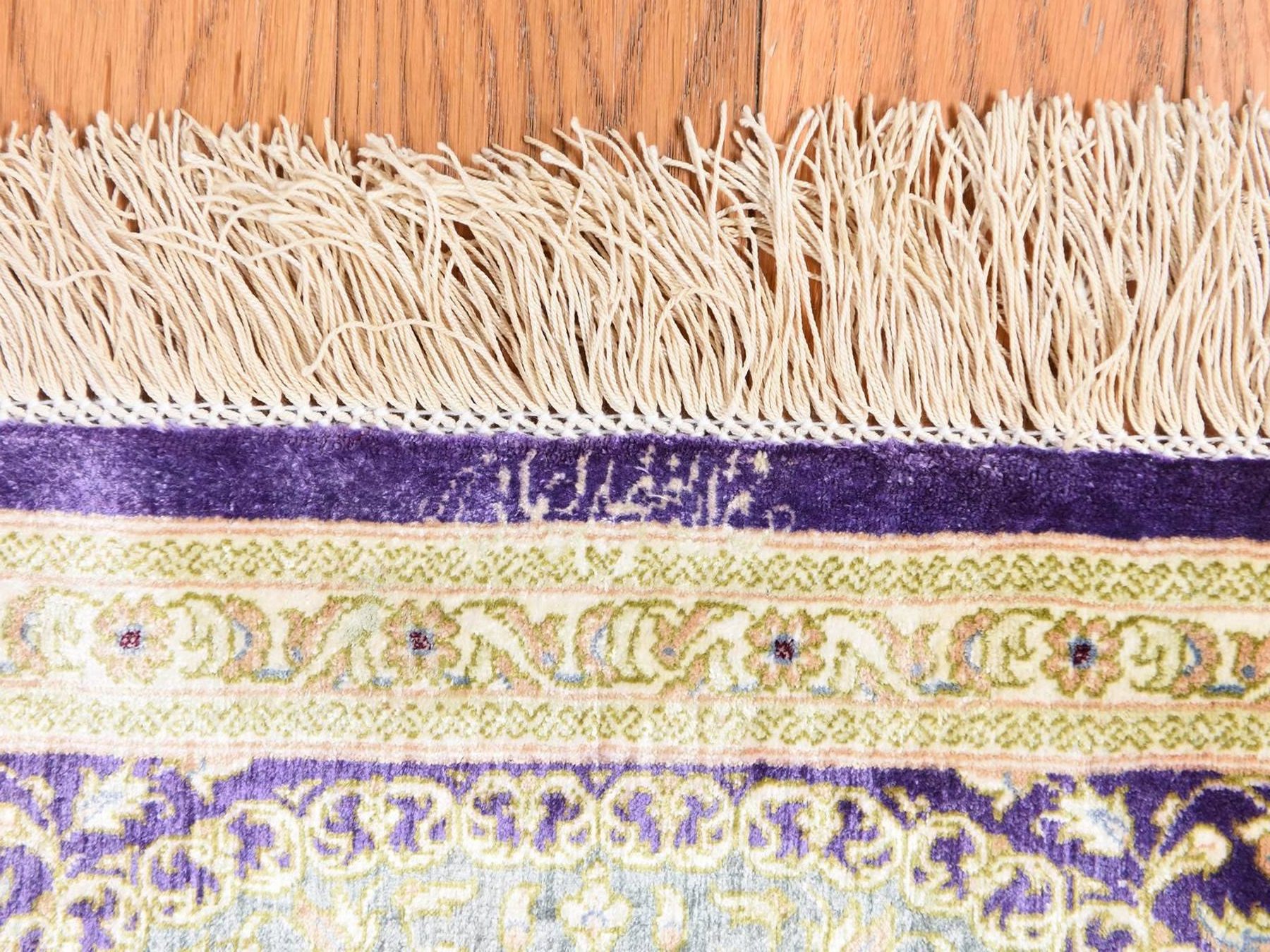 1'7"x2'4" Pistachio Green, Pure Silk, Vintage Persian Ghom with Star Design, 600 KPSI, Signed, Hand Knotted, Mat, Oriental Rug HR78715 - Image 7