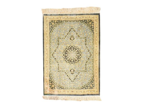 1'8"x2'4" Pistachio Green, Pure Silk, Vintage Persian Ghom with Medallion Design, 600 KPSI, Signed, Hand Knotted, Mat, Small, Oriental Rug HR78716