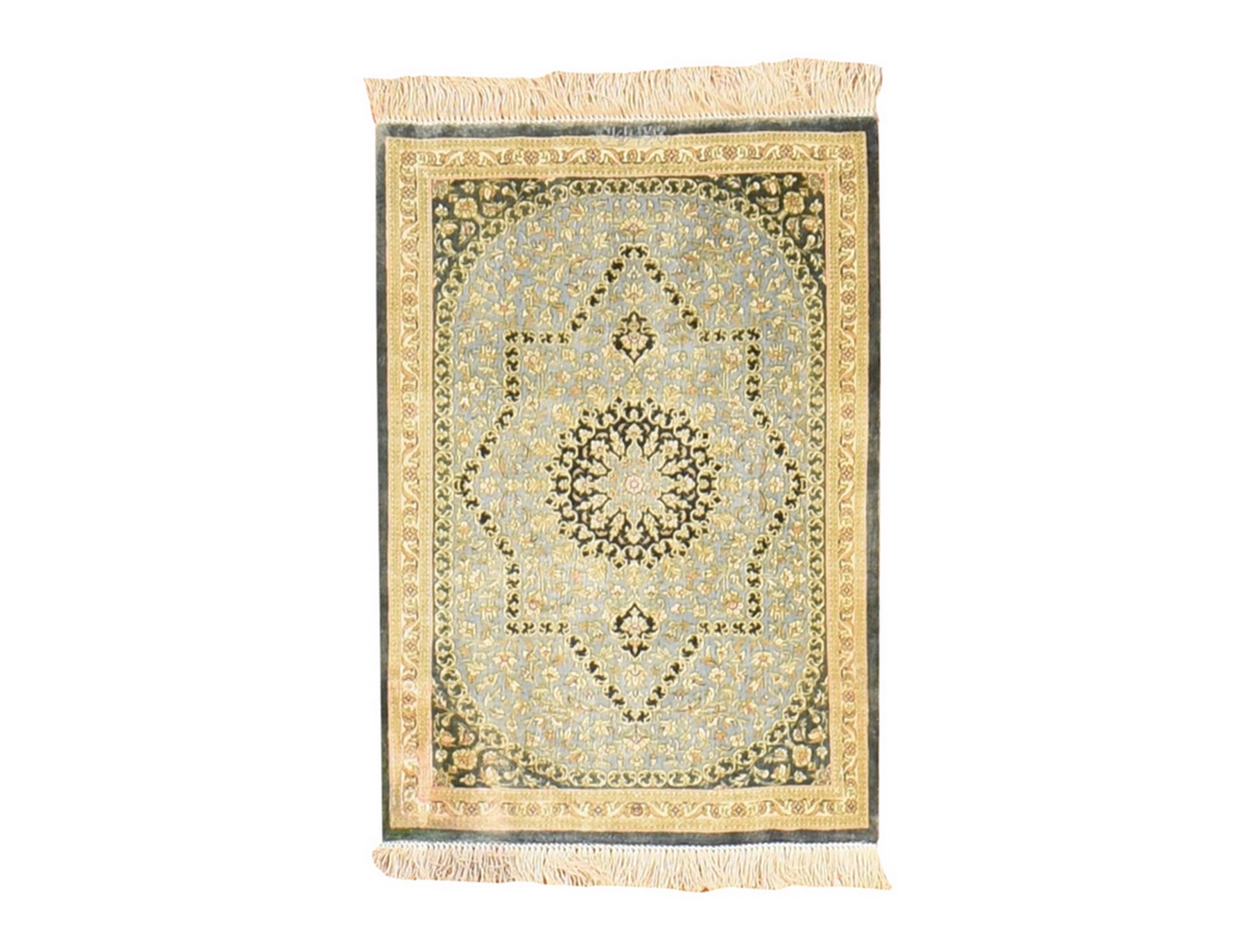 1'8"x2'4" Pistachio Green, Pure Silk, Vintage Persian Ghom with Medallion Design, 600 KPSI, Signed, Hand Knotted, Mat, Small, Oriental Rug HR78716