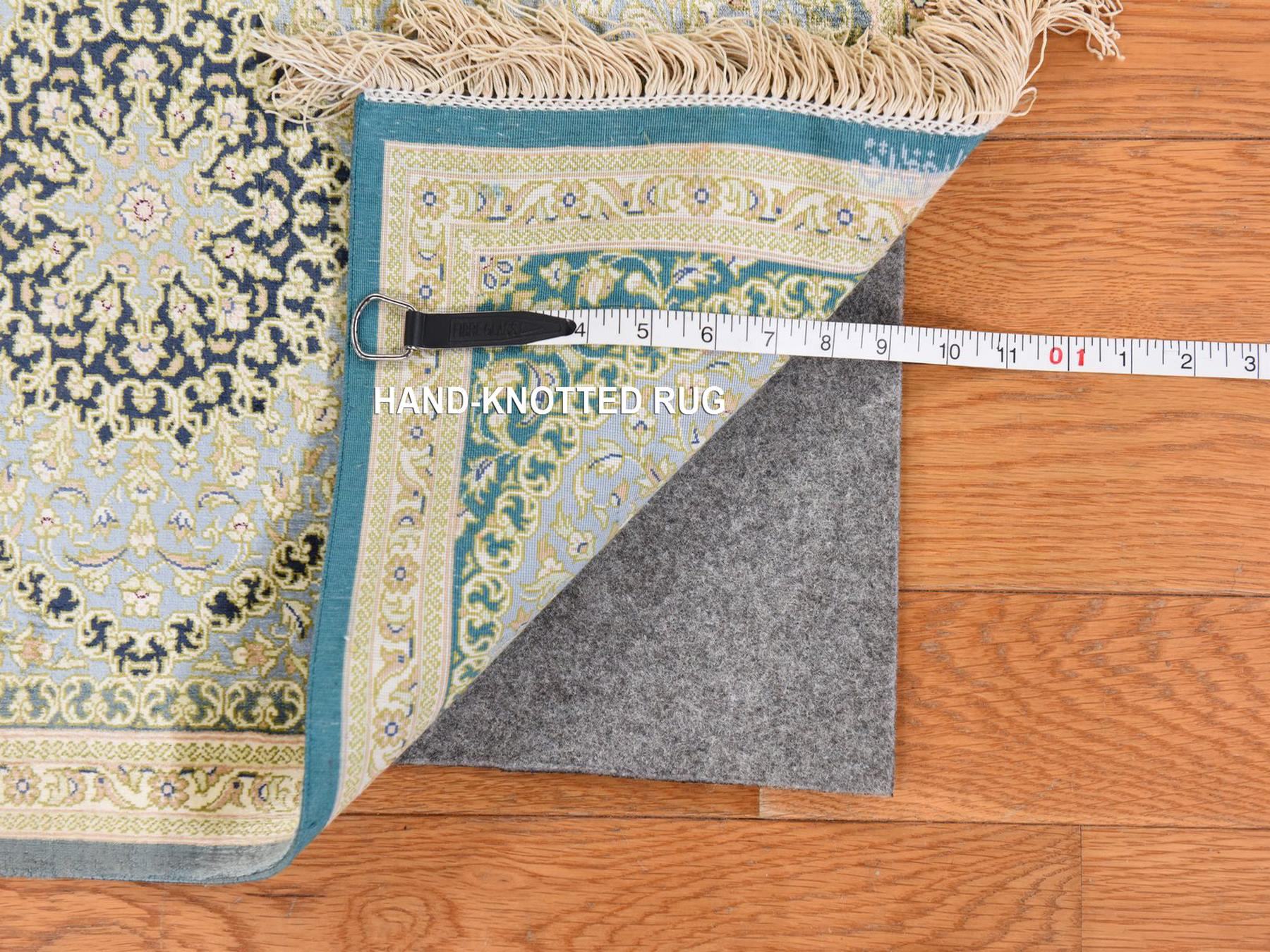 1'8"x2'4" Pistachio Green, Pure Silk, Vintage Persian Ghom with Medallion Design, 600 KPSI, Signed, Hand Knotted, Mat, Small, Oriental Rug HR78716 - Image 5