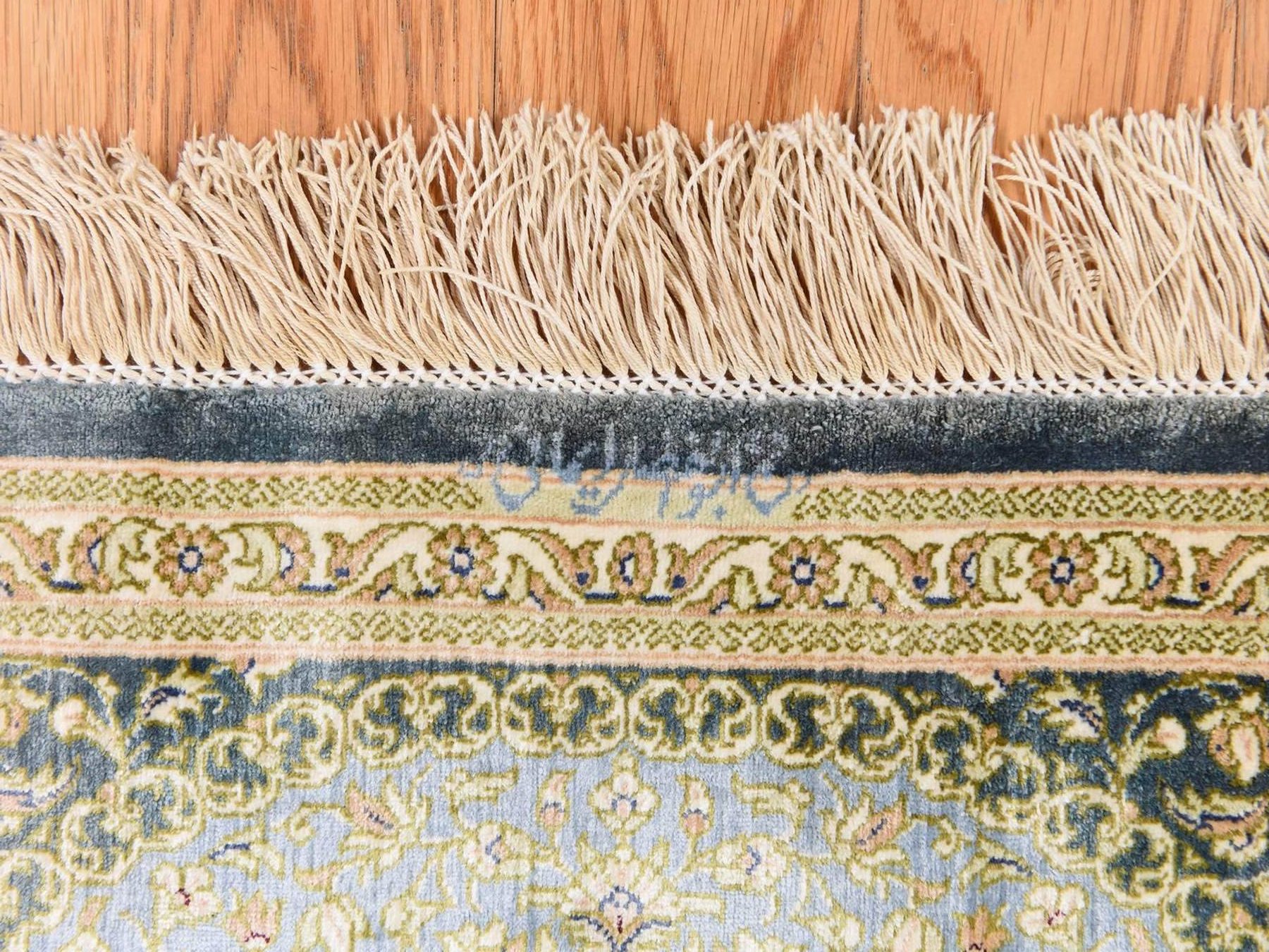1'8"x2'4" Pistachio Green, Pure Silk, Vintage Persian Ghom with Medallion Design, 600 KPSI, Signed, Hand Knotted, Mat, Small, Oriental Rug HR78716 - Image 6