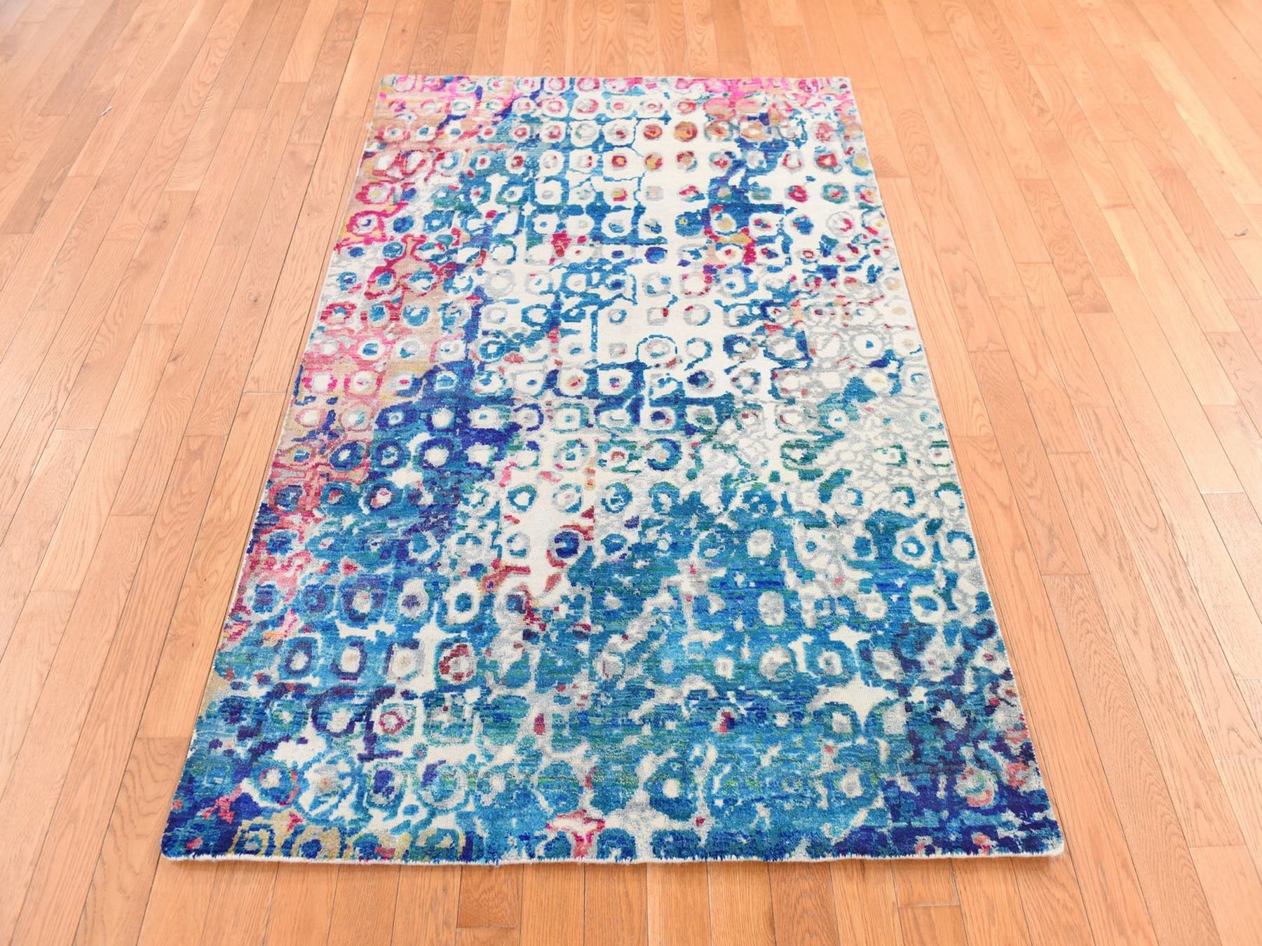 4'x6'1" Blue-Ivory, Colorful, THE PEACOCK, Sari Silk, Hand Knotted, Oriental Rug HR78717 - Image 2