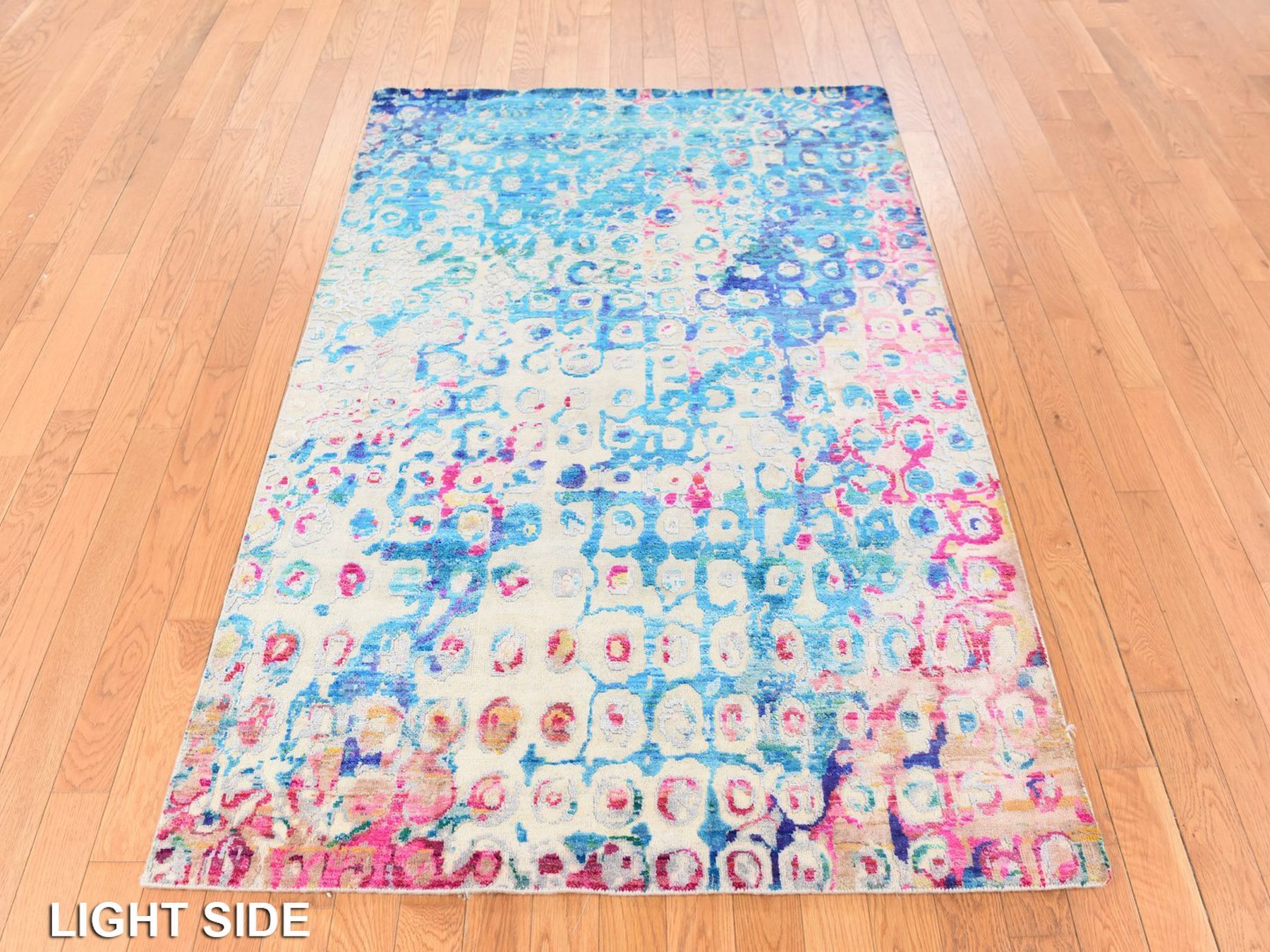 4'x6'1" Blue-Ivory, Colorful, THE PEACOCK, Sari Silk, Hand Knotted, Oriental Rug HR78717 - Image 3