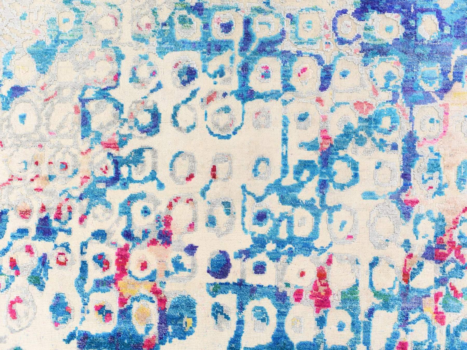 4'x6'1" Blue-Ivory, Colorful, THE PEACOCK, Sari Silk, Hand Knotted, Oriental Rug HR78717 - Image 4