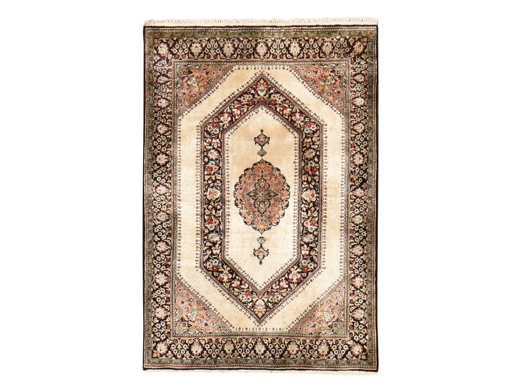 3'3"x5' Bone White, Pure Silk, Vintage Persian Qum with Super Fine Geometric and Flower Design, Signed, 600 KPSI, Hand Knotted, Oriental Rug HR78719