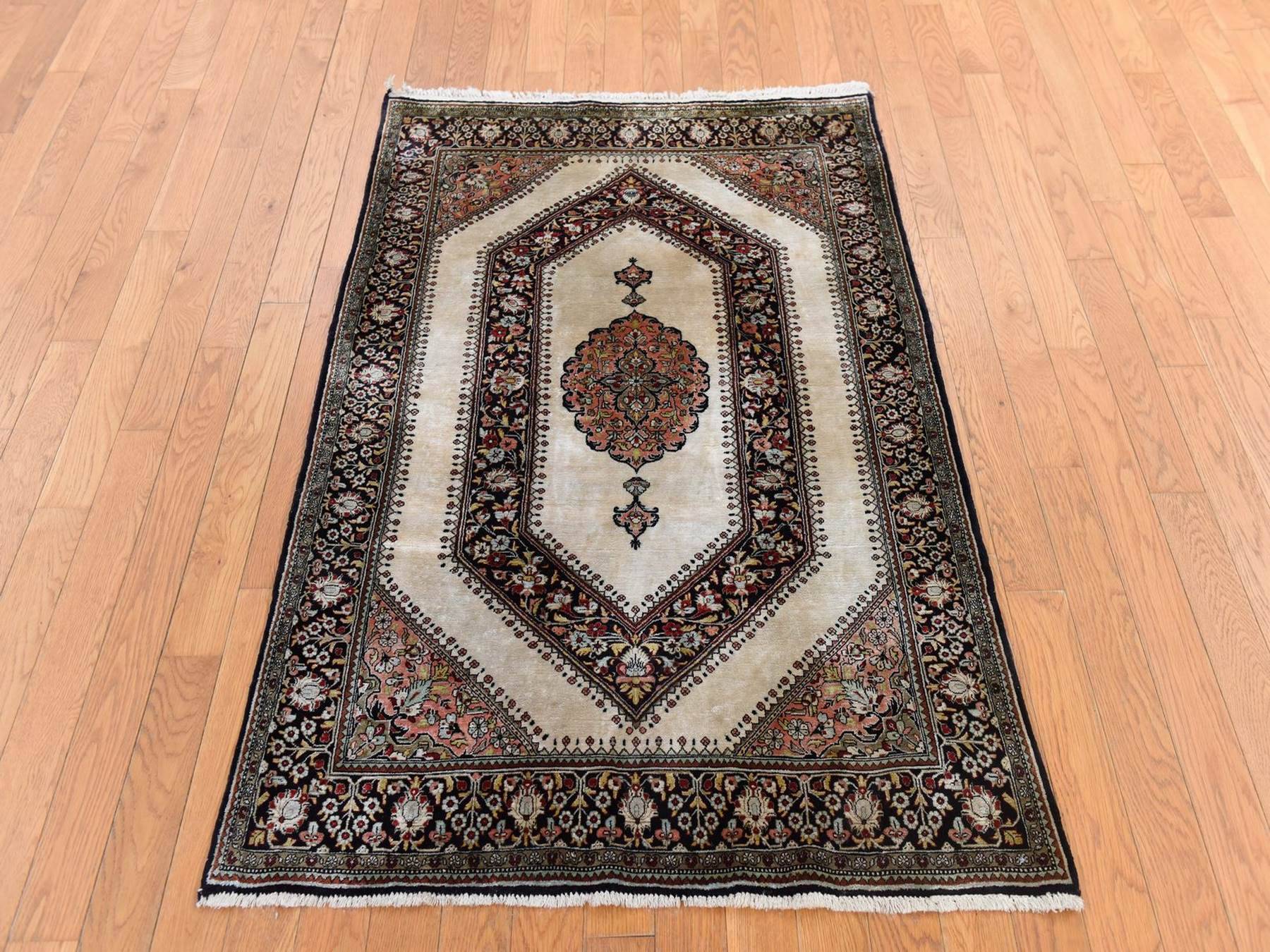 3'3"x5' Bone White, Pure Silk, Vintage Persian Qum with Super Fine Geometric and Flower Design, Signed, 600 KPSI, Hand Knotted, Oriental Rug HR78719 - Image 2