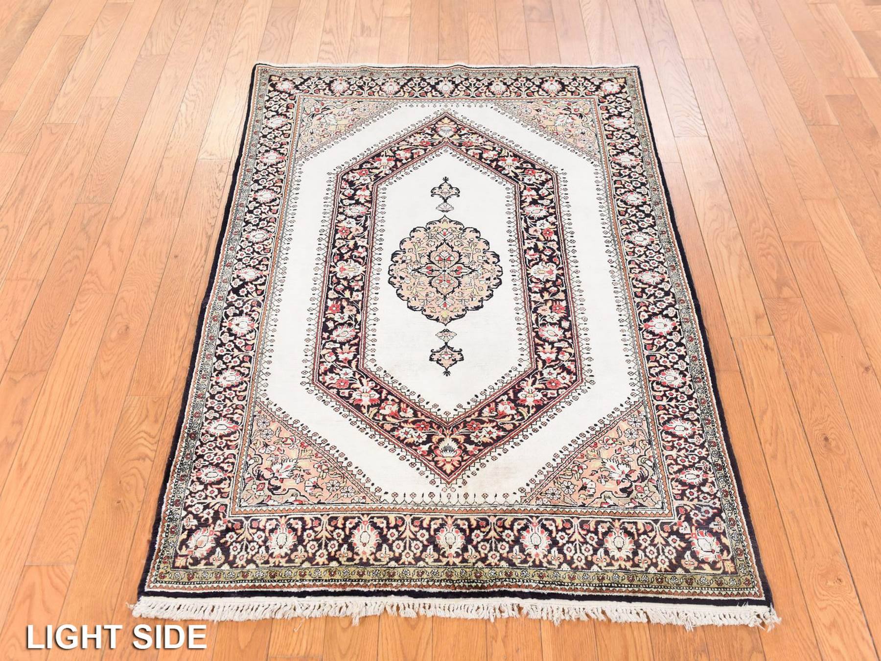 3'3"x5' Bone White, Pure Silk, Vintage Persian Qum with Super Fine Geometric and Flower Design, Signed, 600 KPSI, Hand Knotted, Oriental Rug HR78719 - Image 3