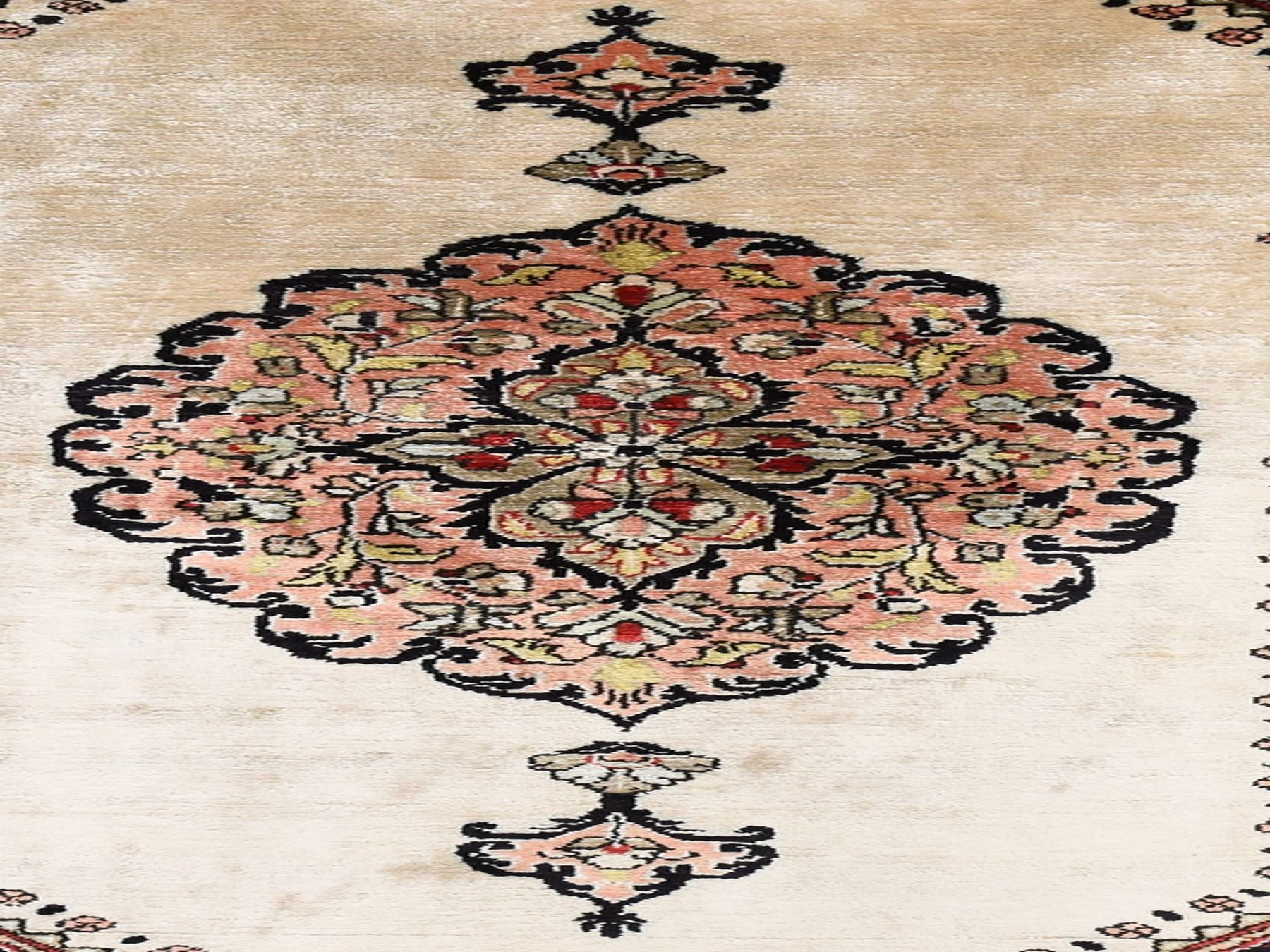 3'3"x5' Bone White, Pure Silk, Vintage Persian Qum with Super Fine Geometric and Flower Design, Signed, 600 KPSI, Hand Knotted, Oriental Rug HR78719 - Image 4