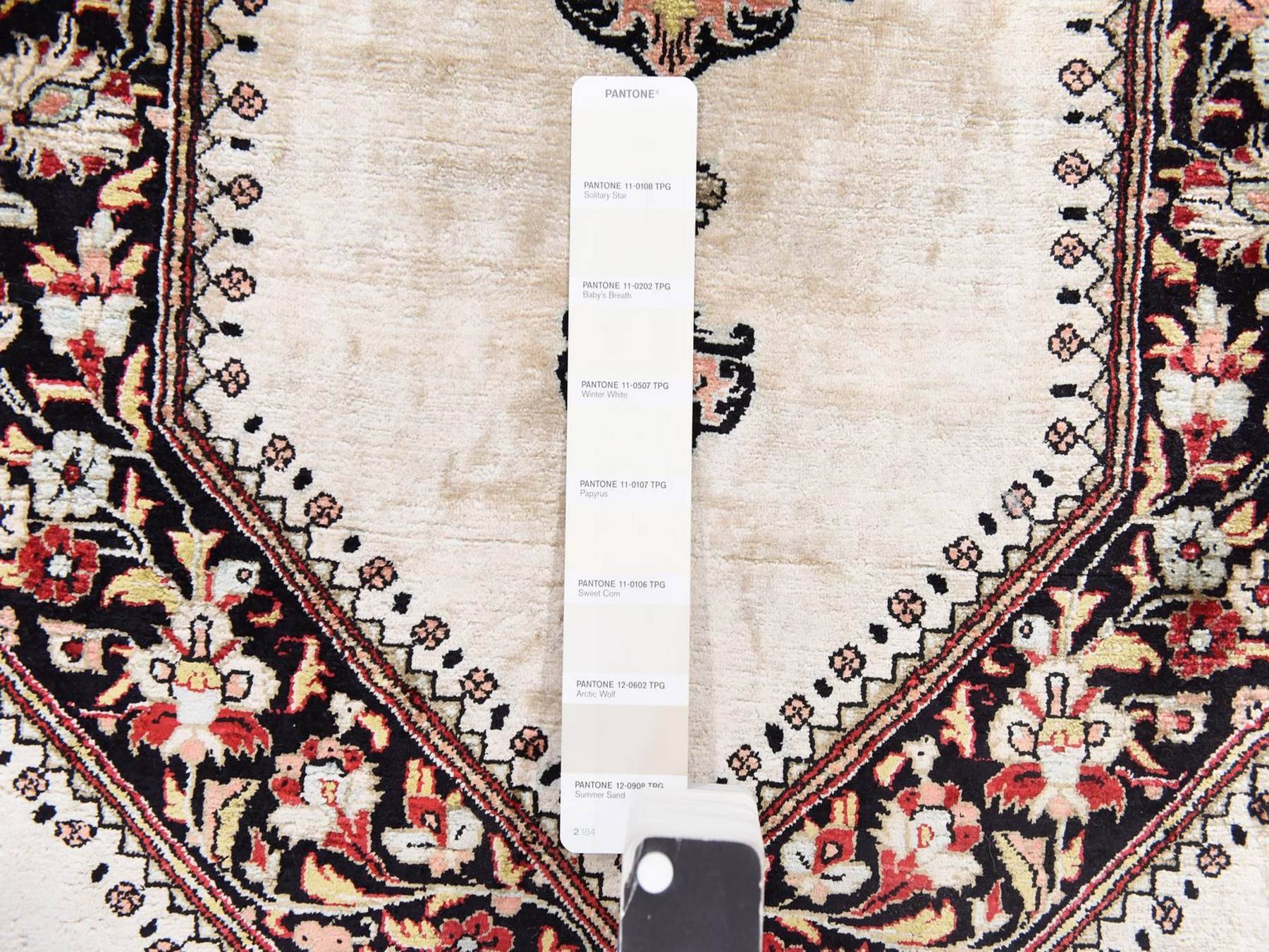 3'3"x5' Bone White, Pure Silk, Vintage Persian Qum with Super Fine Geometric and Flower Design, Signed, 600 KPSI, Hand Knotted, Oriental Rug HR78719 - Image 5
