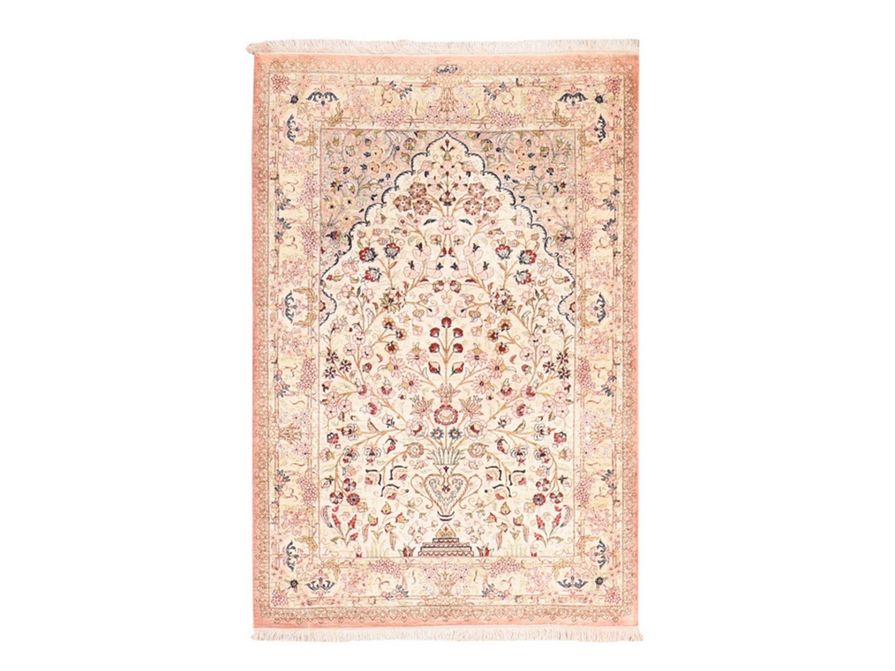 3'3"x4'10" Cream White, New Persian Ghom with Flower & Vase Design, 600 KPSI, Pure Silk, Hand Knotted, Oriental Rug HR78720