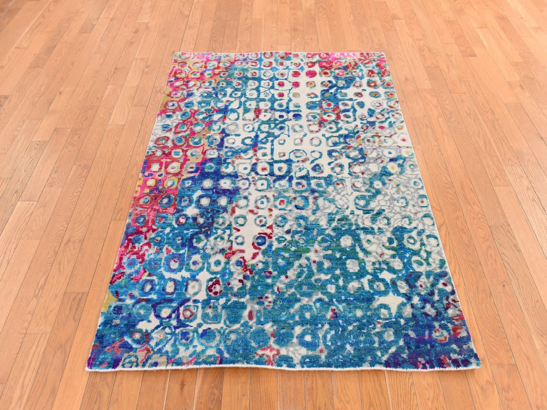 4'x6' Shades of Blue, Colorful, THE PEACOCK, Sari Silk, Hand Knotted, Oriental Rug HR78723 - Image 2
