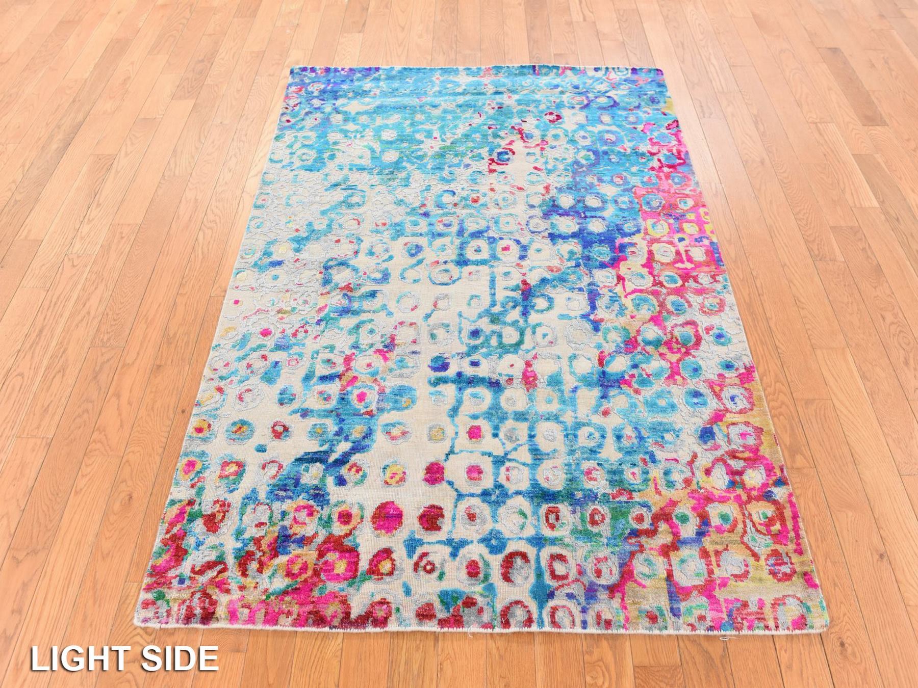 4'x6' Shades of Blue, Colorful, THE PEACOCK, Sari Silk, Hand Knotted, Oriental Rug HR78723 - Image 3
