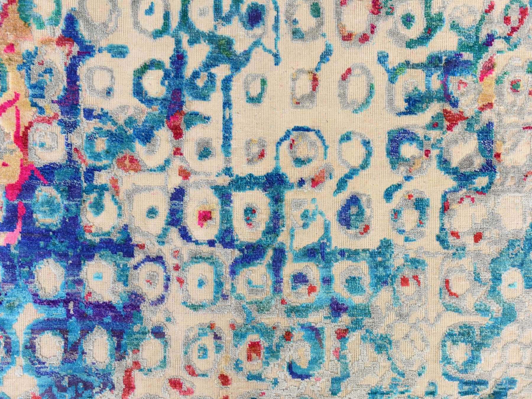 4'x6' Shades of Blue, Colorful, THE PEACOCK, Sari Silk, Hand Knotted, Oriental Rug HR78723 - Image 4