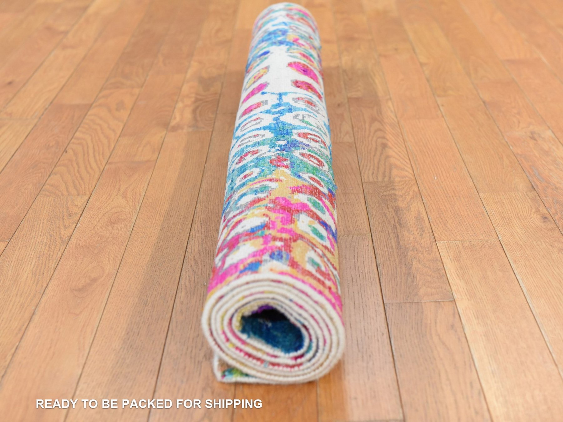 4'x6' Shades of Blue, Colorful, THE PEACOCK, Sari Silk, Hand Knotted, Oriental Rug HR78723 - Image 8