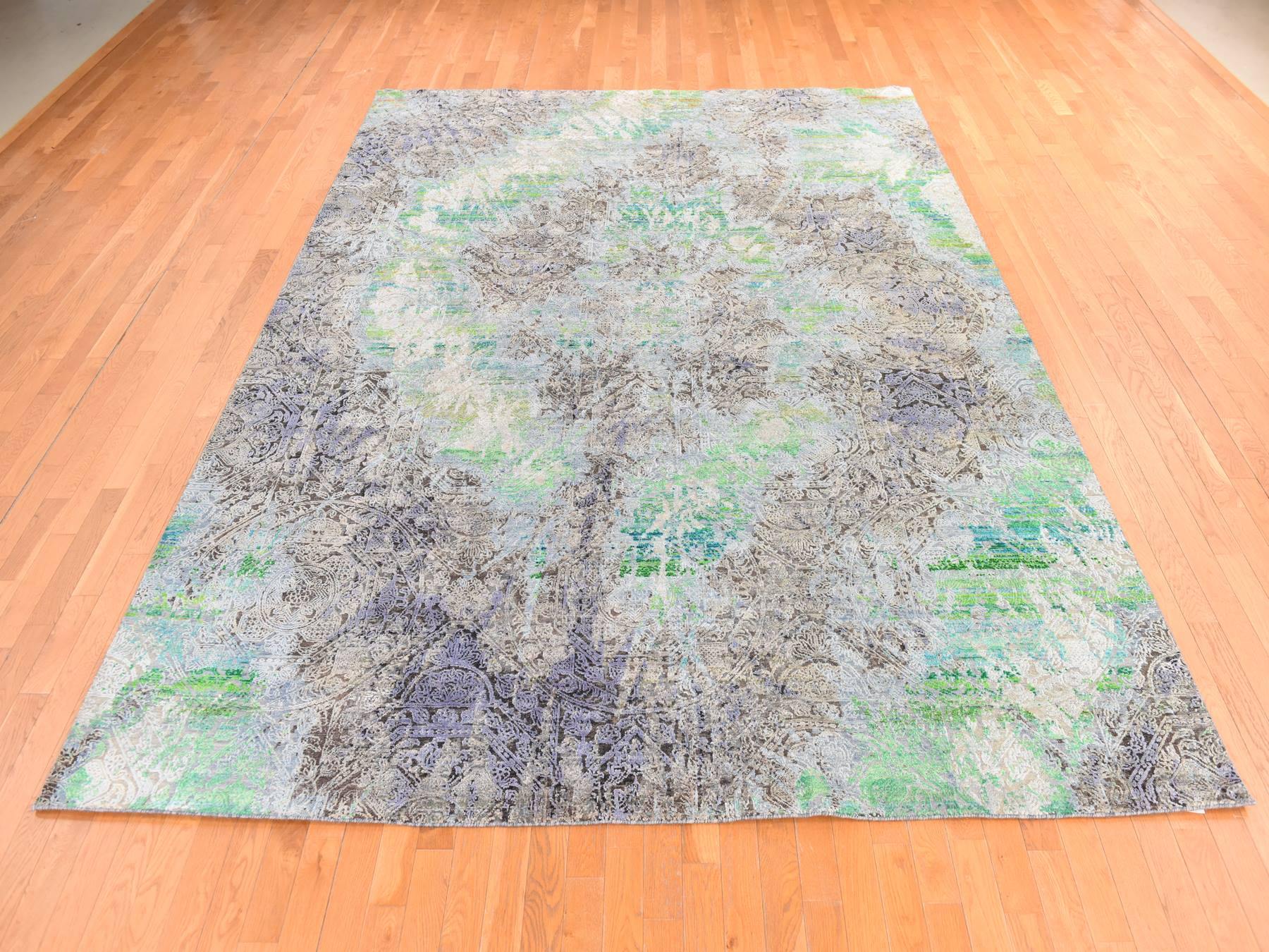 9'x12'6" Chocolate Brown with Greens, DIMINISHING COINS Design, Sari Silk with Textured Wool, Hand Knotted, Oriental Rug HR78740 - Image 2