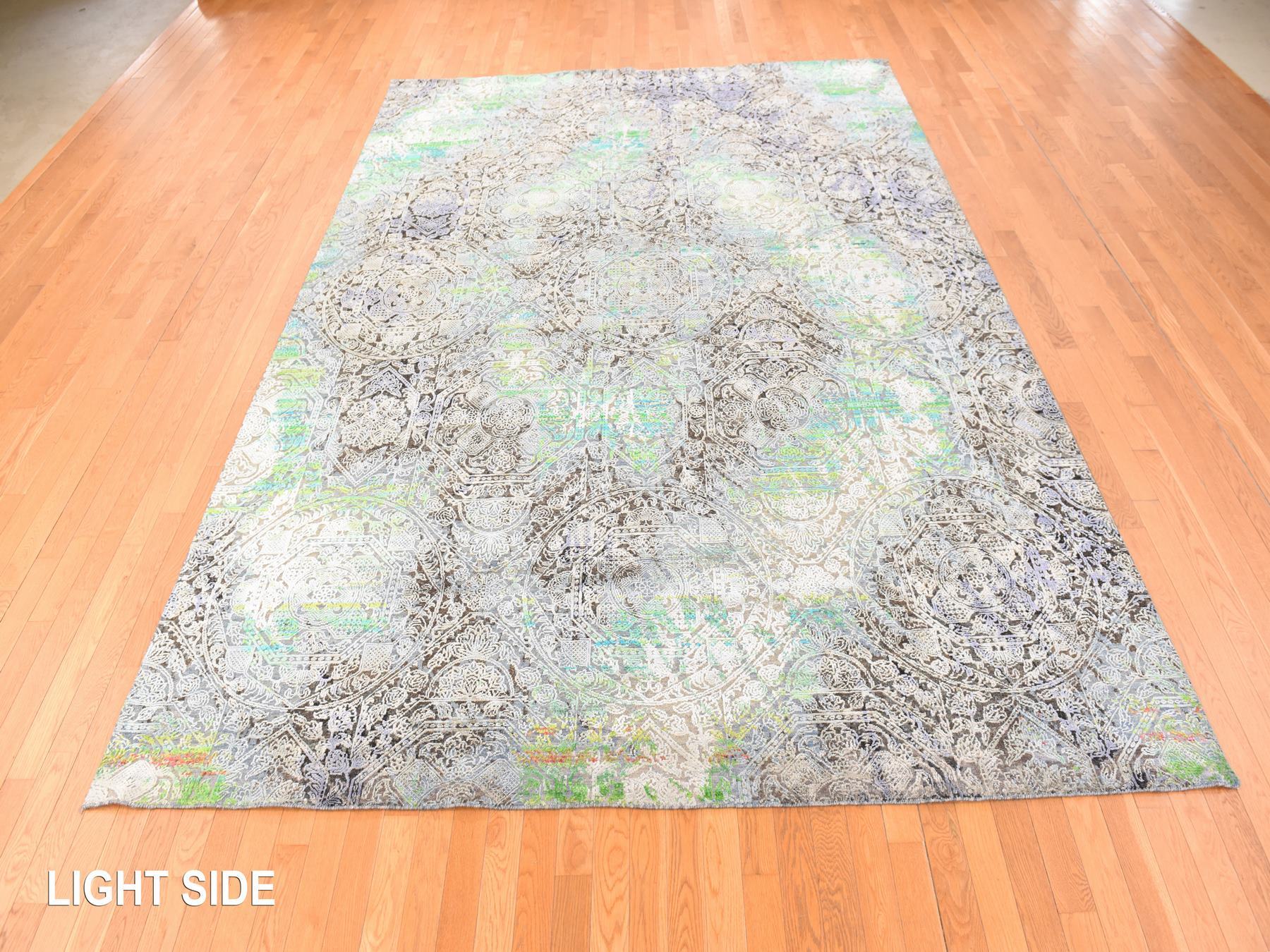 9'x12'6" Chocolate Brown with Greens, DIMINISHING COINS Design, Sari Silk with Textured Wool, Hand Knotted, Oriental Rug HR78740 - Image 3