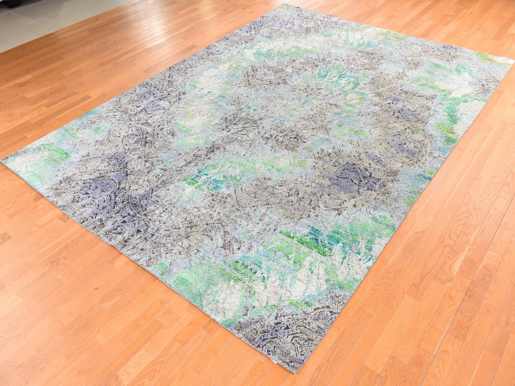 9'x12'6" Chocolate Brown with Greens, DIMINISHING COINS Design, Sari Silk with Textured Wool, Hand Knotted, Oriental Rug HR78740 - Image 4