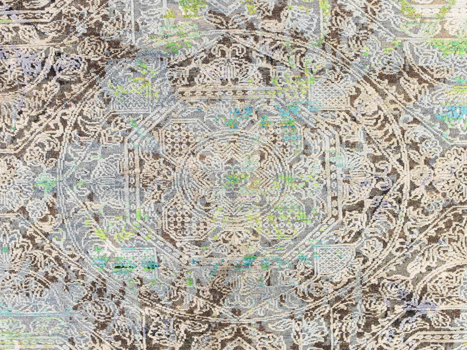 9'x12'6" Chocolate Brown with Greens, DIMINISHING COINS Design, Sari Silk with Textured Wool, Hand Knotted, Oriental Rug HR78740 - Image 5