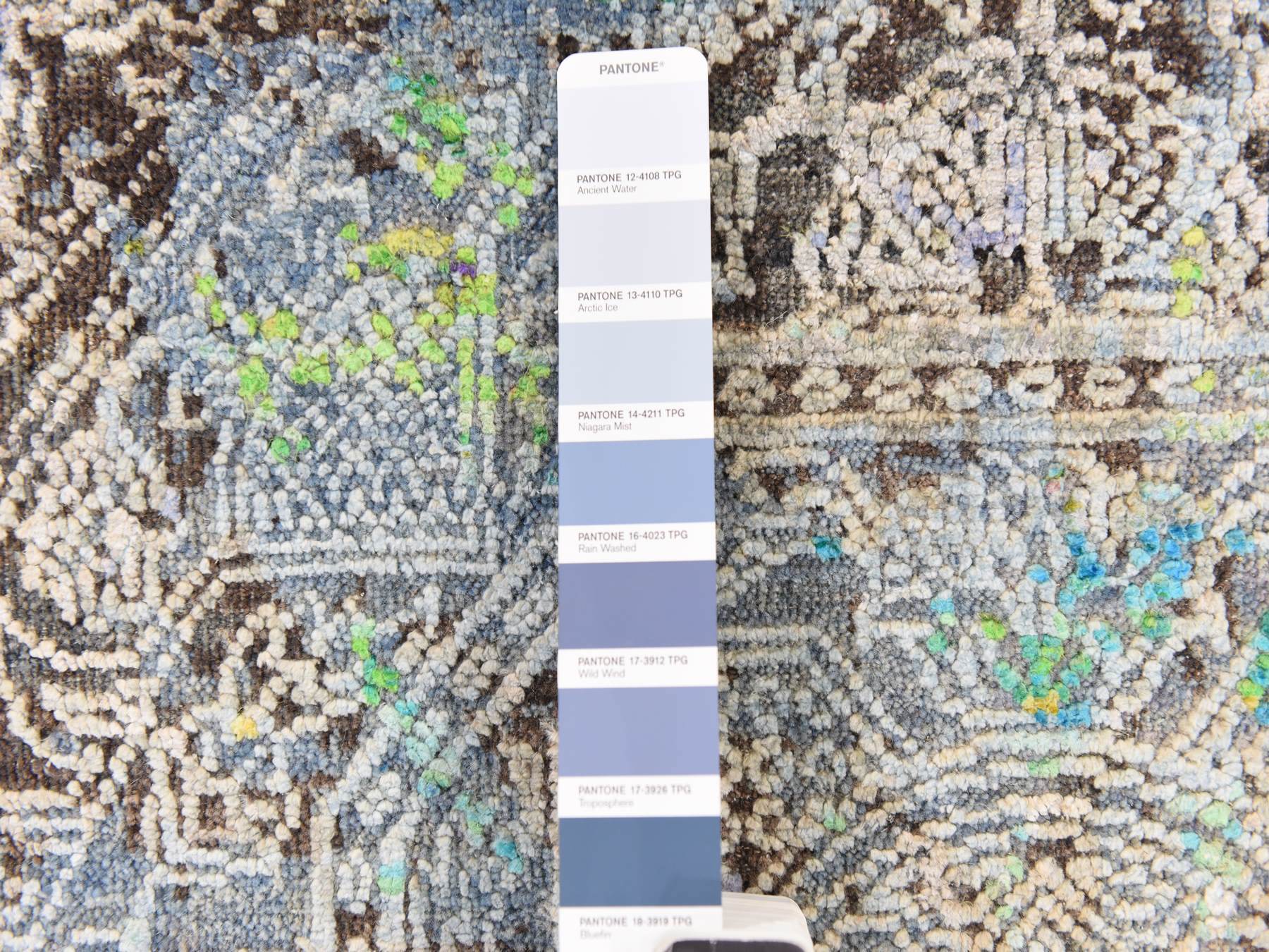 9'x12'6" Chocolate Brown with Greens, DIMINISHING COINS Design, Sari Silk with Textured Wool, Hand Knotted, Oriental Rug HR78740 - Image 6