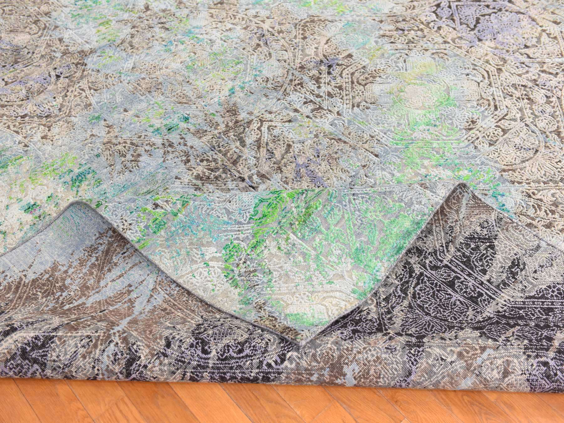 9'x12'6" Chocolate Brown with Greens, DIMINISHING COINS Design, Sari Silk with Textured Wool, Hand Knotted, Oriental Rug HR78740 - Image 8