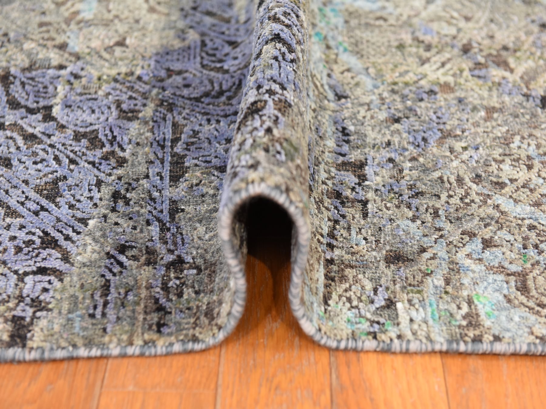 9'x12'6" Chocolate Brown with Greens, DIMINISHING COINS Design, Sari Silk with Textured Wool, Hand Knotted, Oriental Rug HR78740 - Image 9