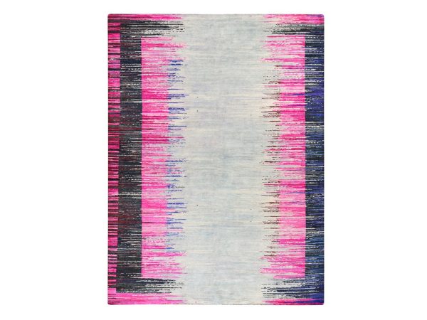 9'x12' Hot Pink, Erased Horizontal Line Design, Sari Silk with Textured Wool, Oriental Rug HR78741