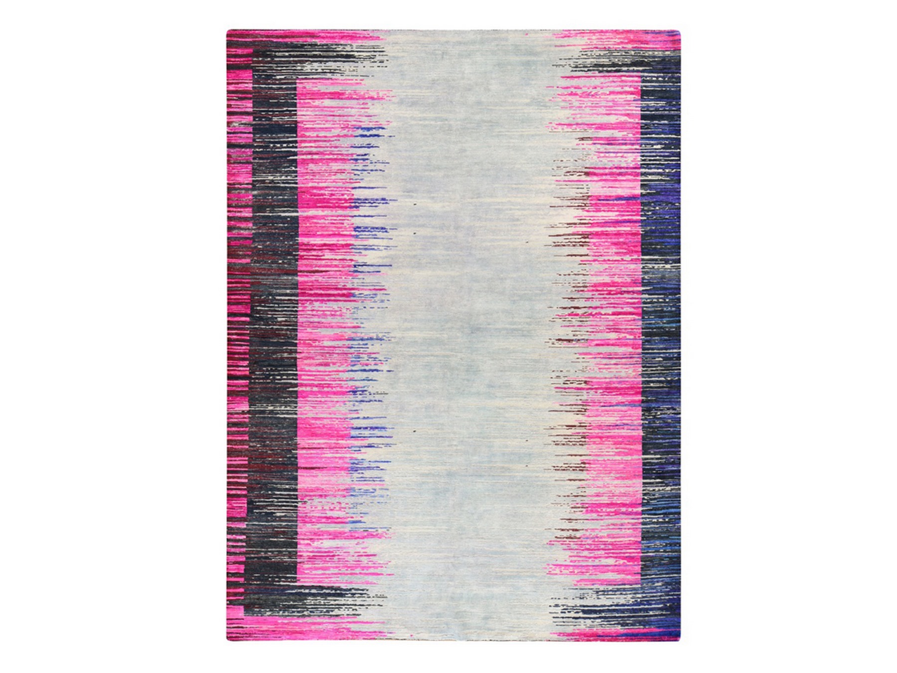 9'x12' Hot Pink, Erased Horizontal Line Design, Sari Silk with Textured Wool, Oriental Rug HR78741