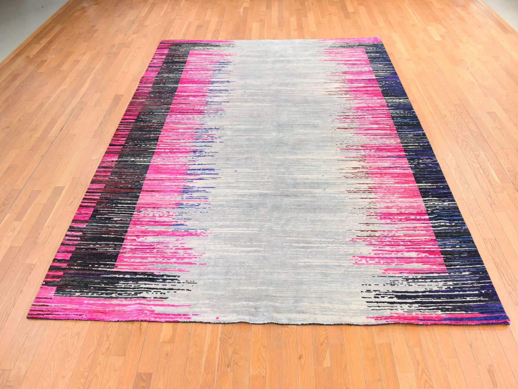 9'x12' Hot Pink, Erased Horizontal Line Design, Sari Silk with Textured Wool, Oriental Rug HR78741 - Image 2