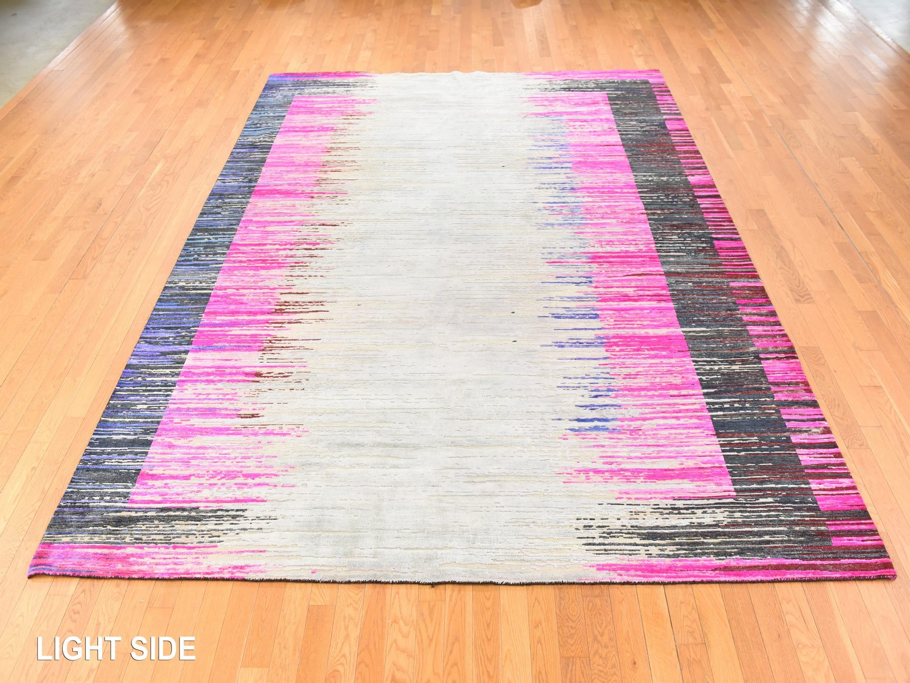 9'x12' Hot Pink, Erased Horizontal Line Design, Sari Silk with Textured Wool, Oriental Rug HR78741 - Image 3
