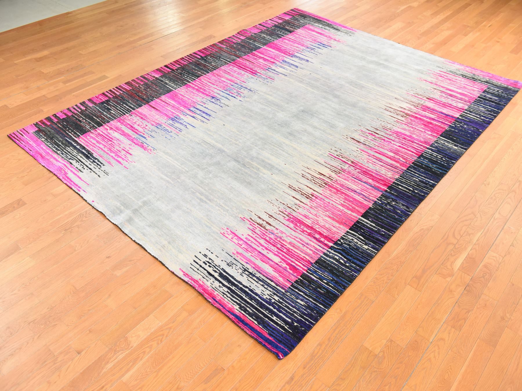 9'x12' Hot Pink, Erased Horizontal Line Design, Sari Silk with Textured Wool, Oriental Rug HR78741 - Image 4