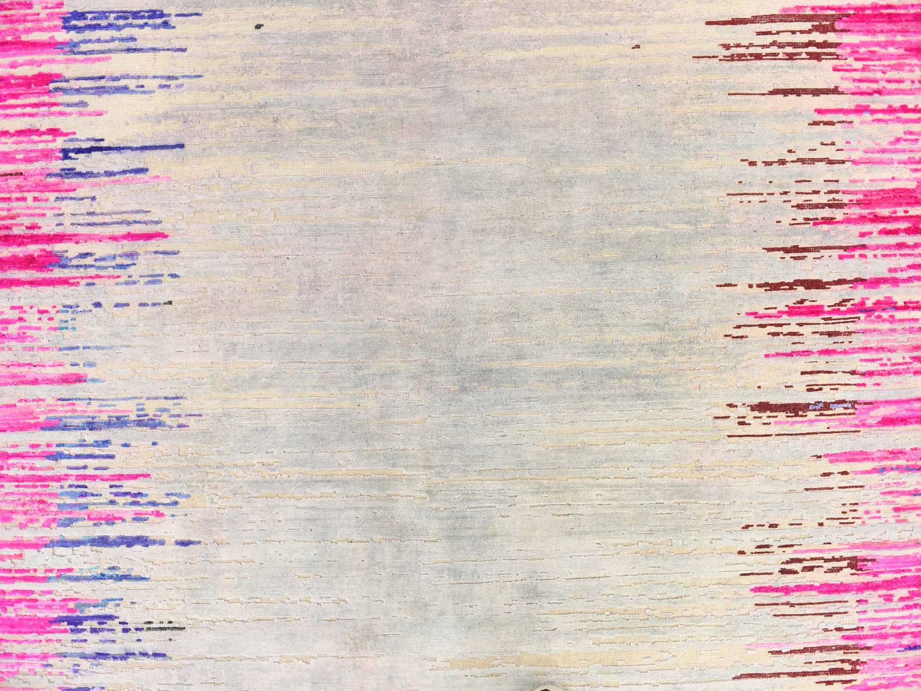 9'x12' Hot Pink, Erased Horizontal Line Design, Sari Silk with Textured Wool, Oriental Rug HR78741 - Image 5
